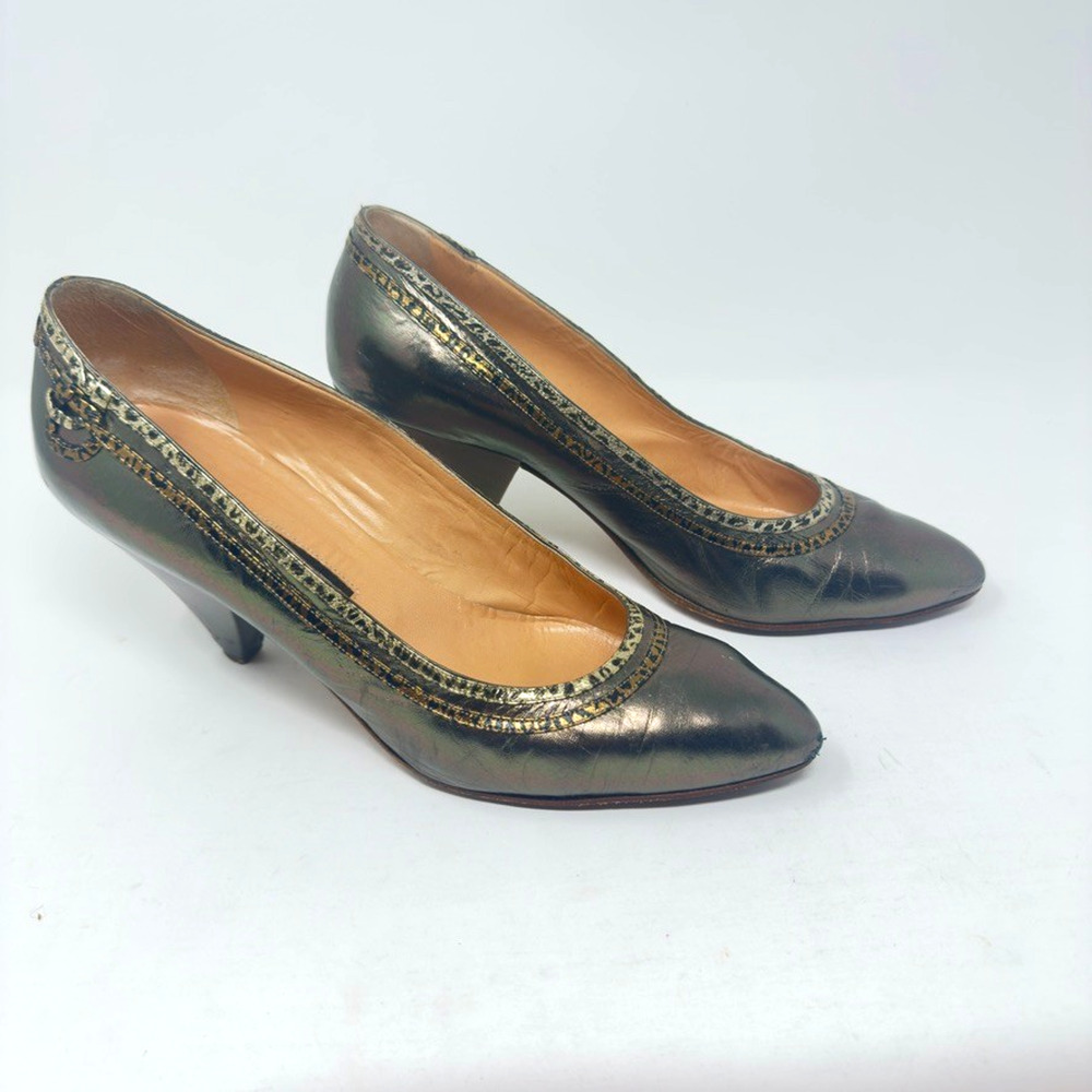 Vintage Maud Frizon Pump Heels Size EU 40 Pewter Metallic Leather 3in Heel